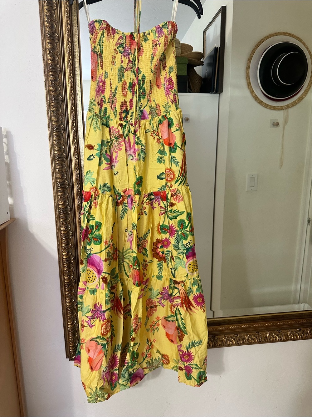 FARM Rio Yellow Tropical Floral & Fruit Tiered Maxi Dress with Pink Accents - Picture 3 of 9